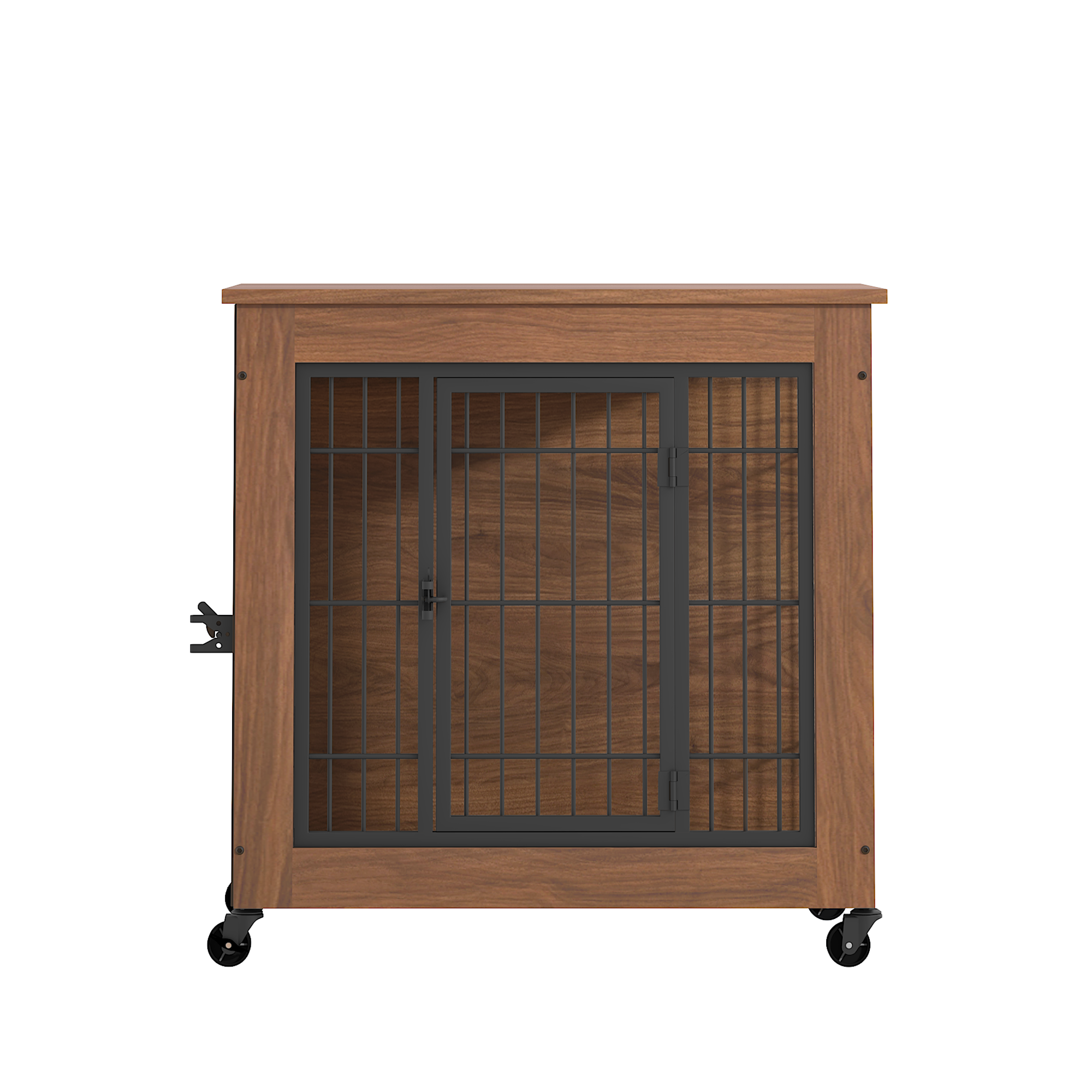 Wooden pet crate with metal grid door on a white background