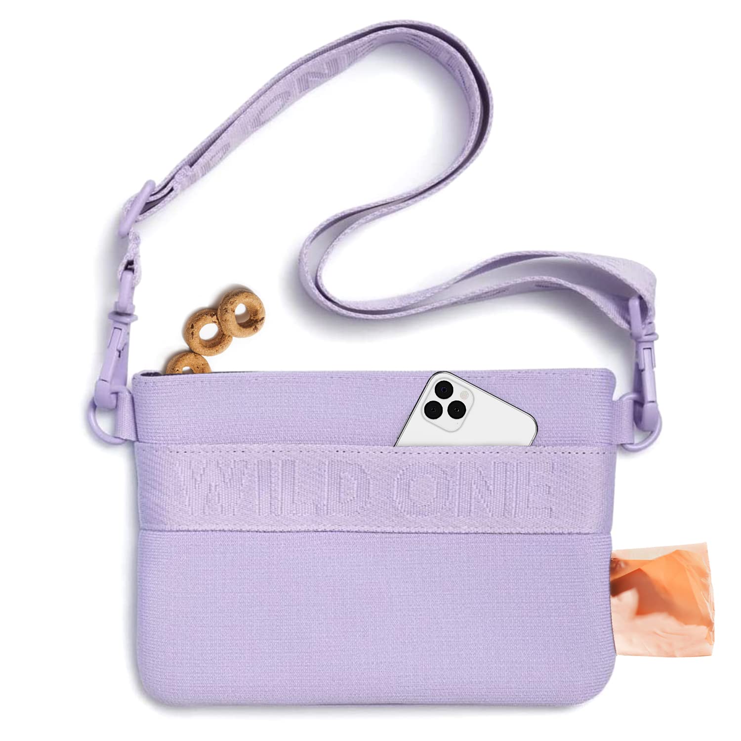 Lavender crossbody bag with a strap on a white background
