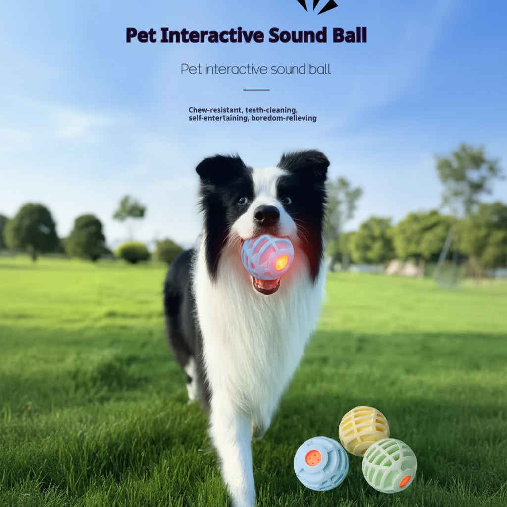 Dog playing with a pet interactive sound ball in a grassy field