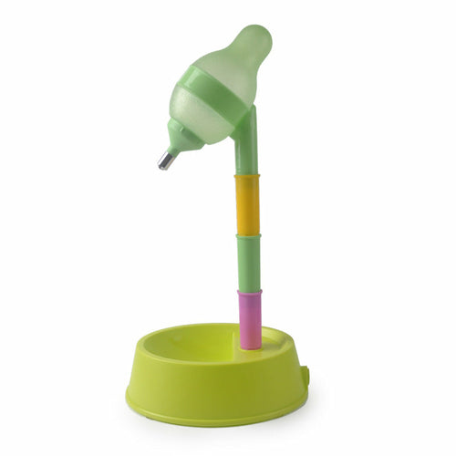 Colorful pet water bottle with a stand on a white background