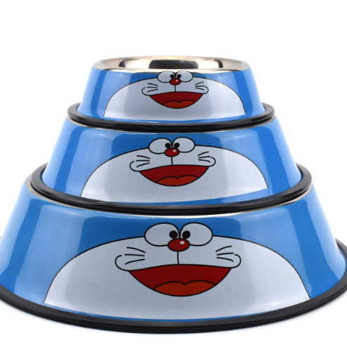 Set of three blue pet bowls with cartoon character design on a white background