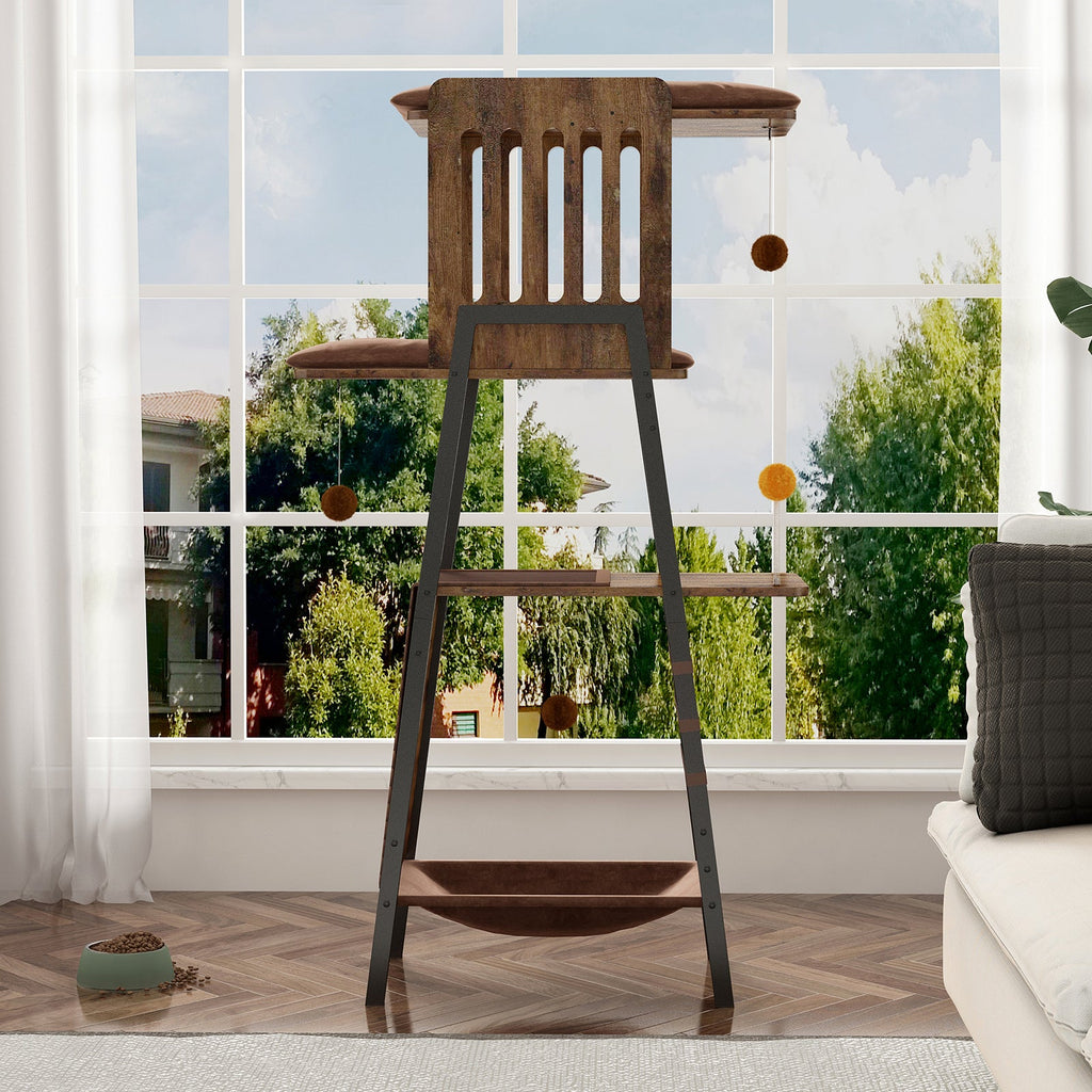 Modern Wooden Cat Tree – 58" Large Cat Tower