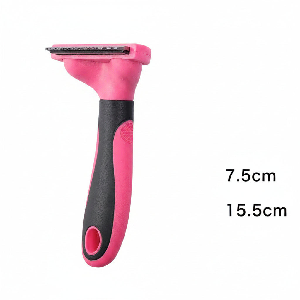 Pink and black pet grooming tool with measurements on a dark background
