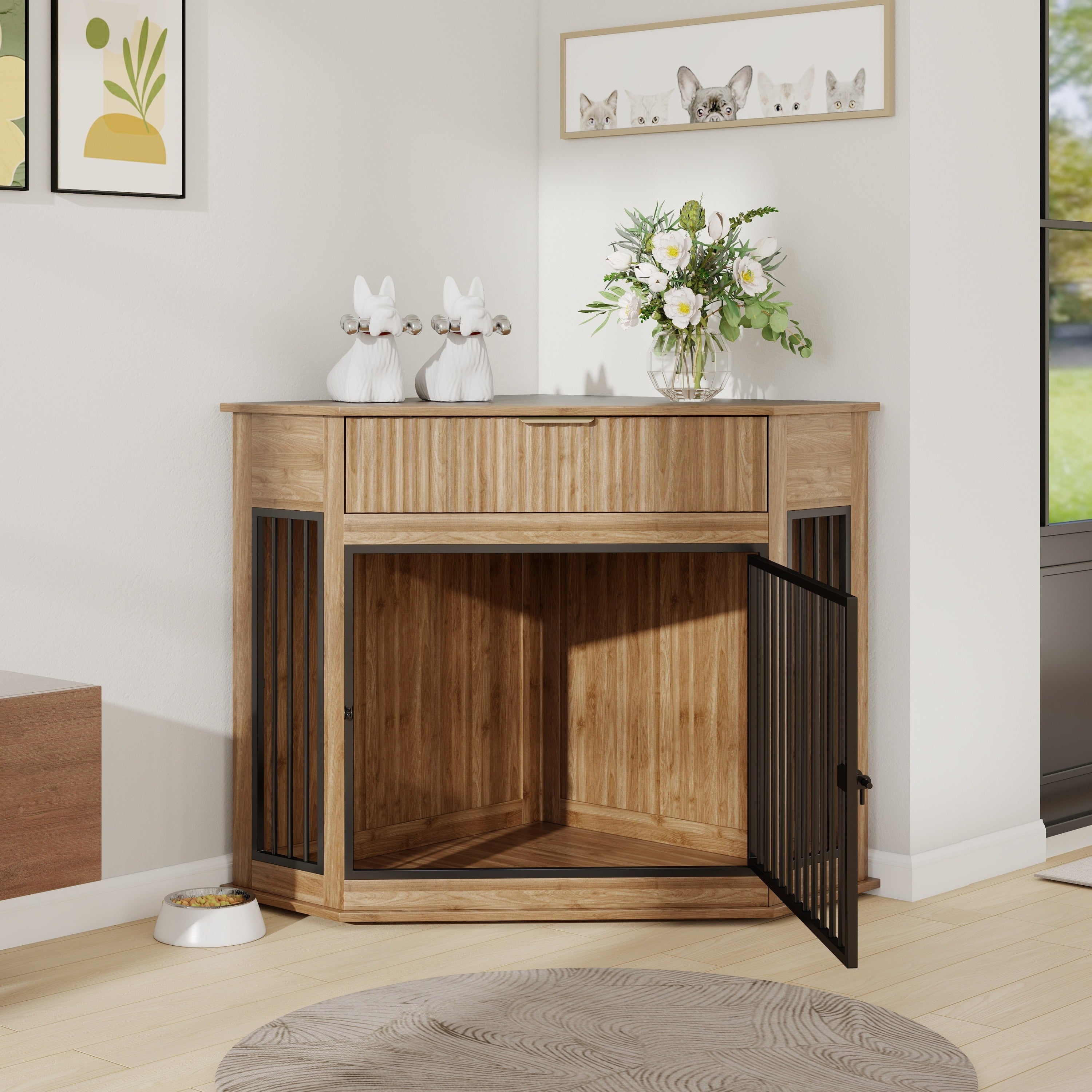 Corner Dog Crate Furniture with Fluted Drawer 