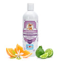 Dog shampoo bottle with ingredients on a white background