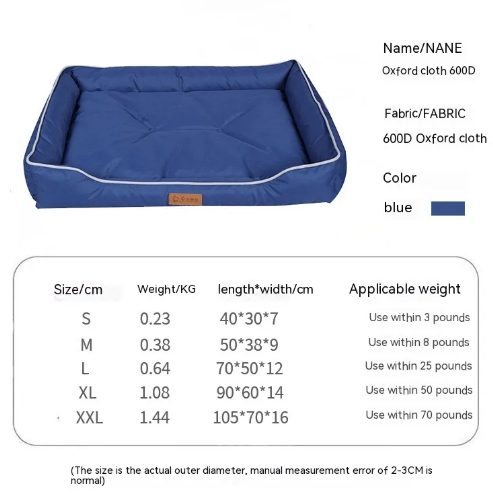Blue pet bed with size and weight specifications on a white background