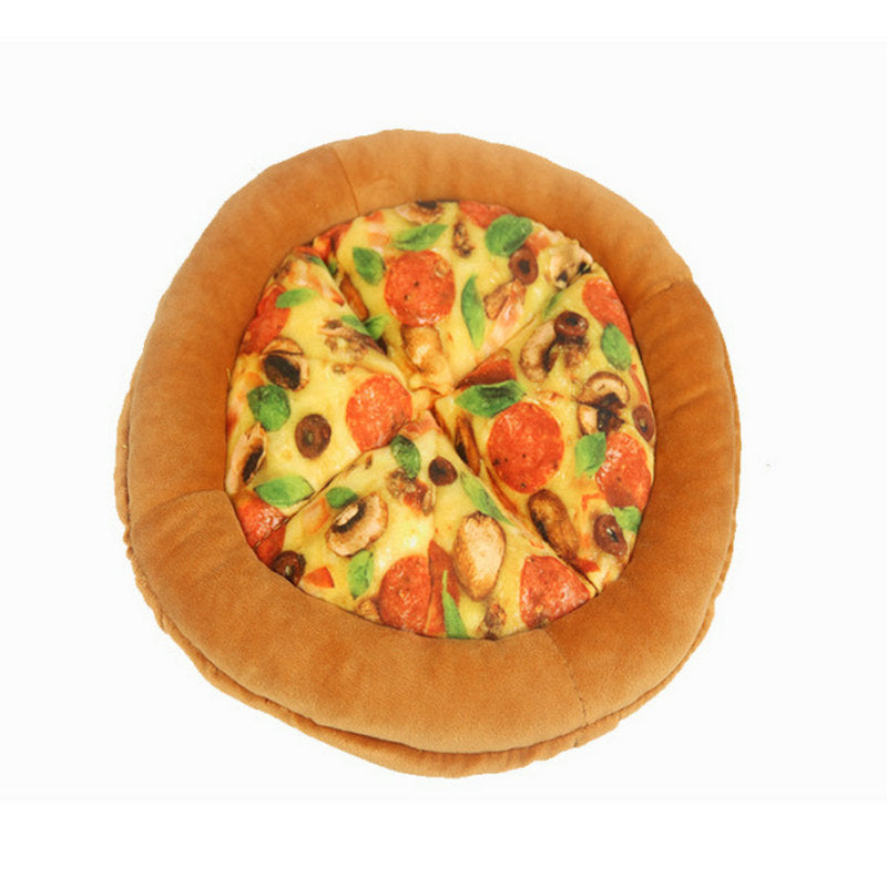 Pizza-shaped pillow with a brown crust on a white background