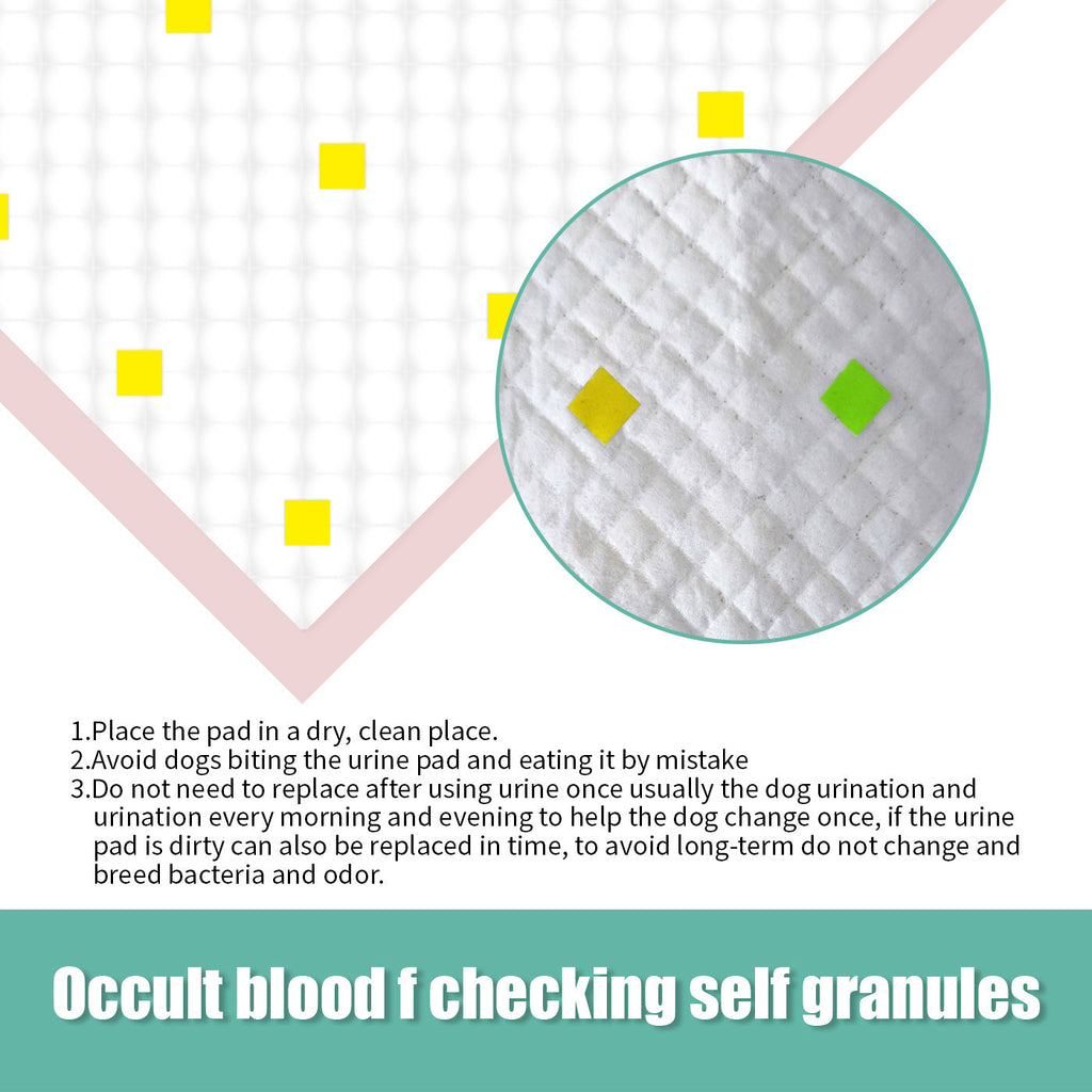 Dog urination pad with close-up and usage instructions on a white background