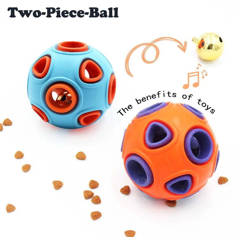 Two colorful puzzle balls with holes, surrounded by small treats on a white background.