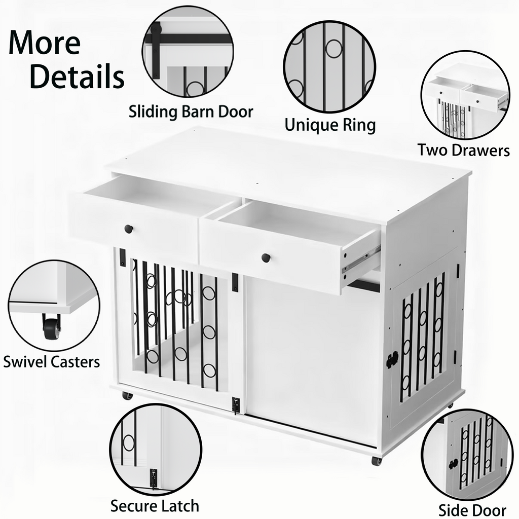 White storage unit with features highlighted, including sliding barn door, unique ring, two drawers, swivel casters, secure latch, and side door.