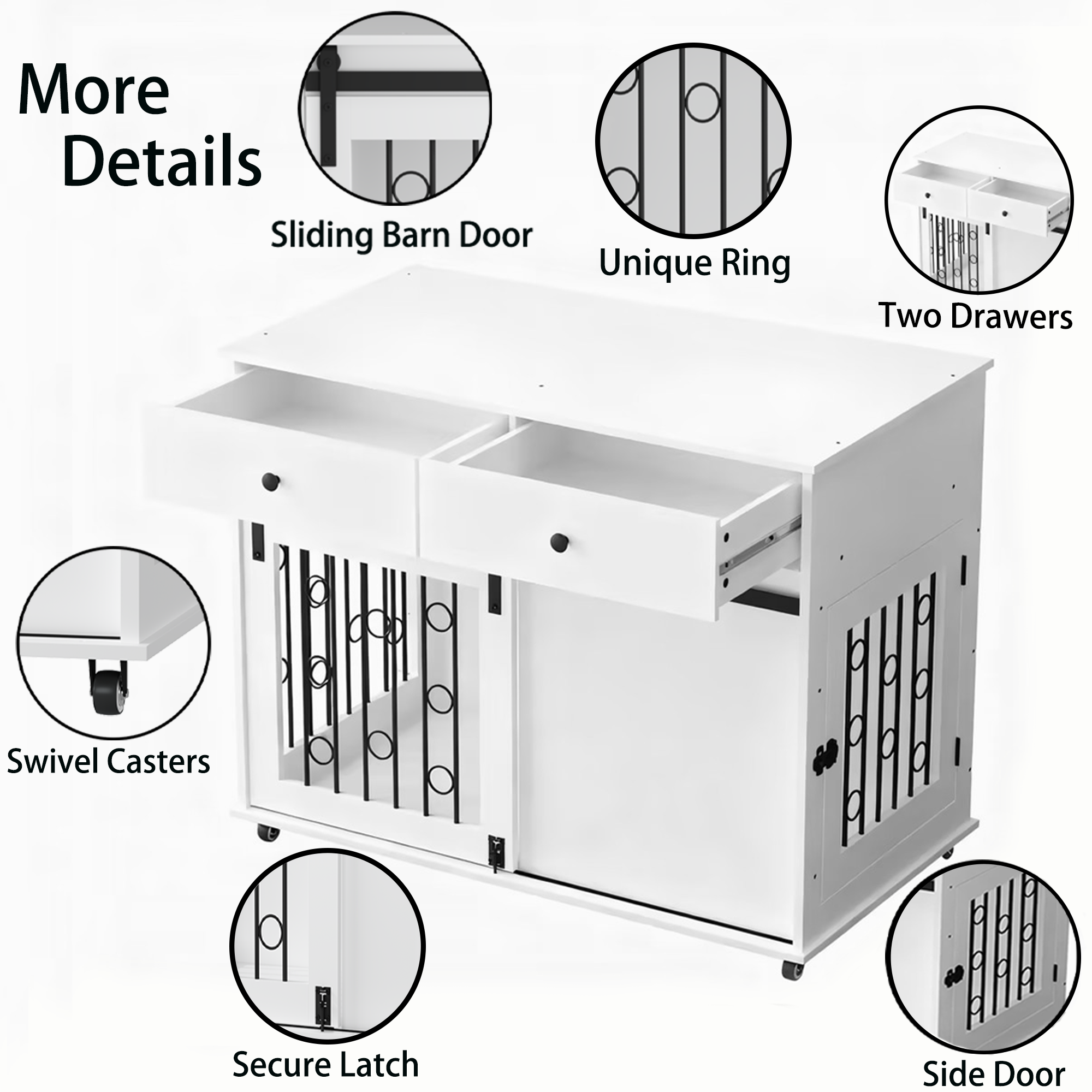 White storage unit with features highlighted, including sliding barn door, unique ring, two drawers, swivel casters, secure latch, and side door.