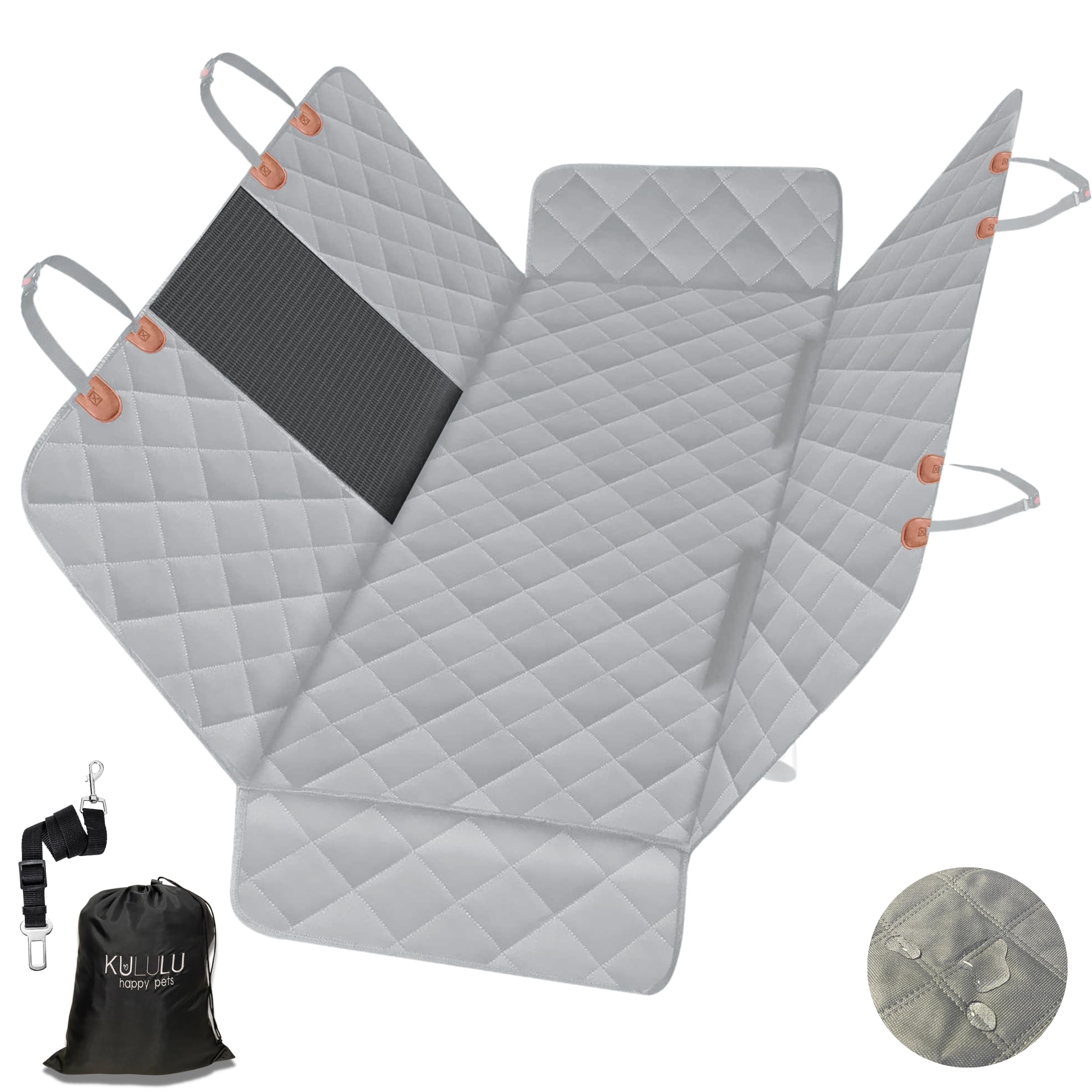 Gray quilted mat with carrying handles and a black bag on a white background