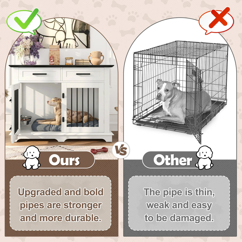 Wooden Dog Crate Furniture with Storage Drawers & Rotating Bowls – 44.48"