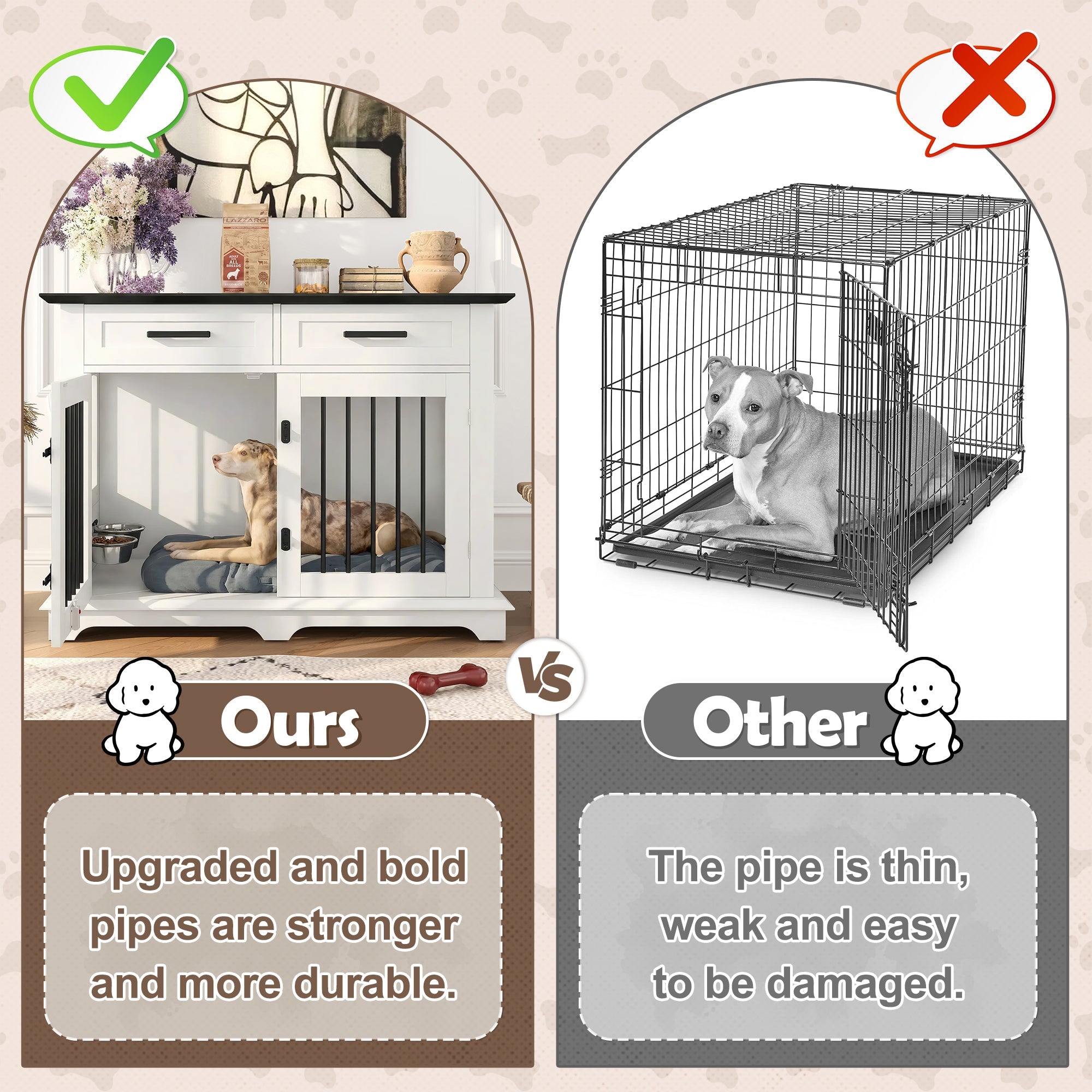 Wooden Dog Crate Furniture with Storage Drawers & Rotating Bowls – 44.48"