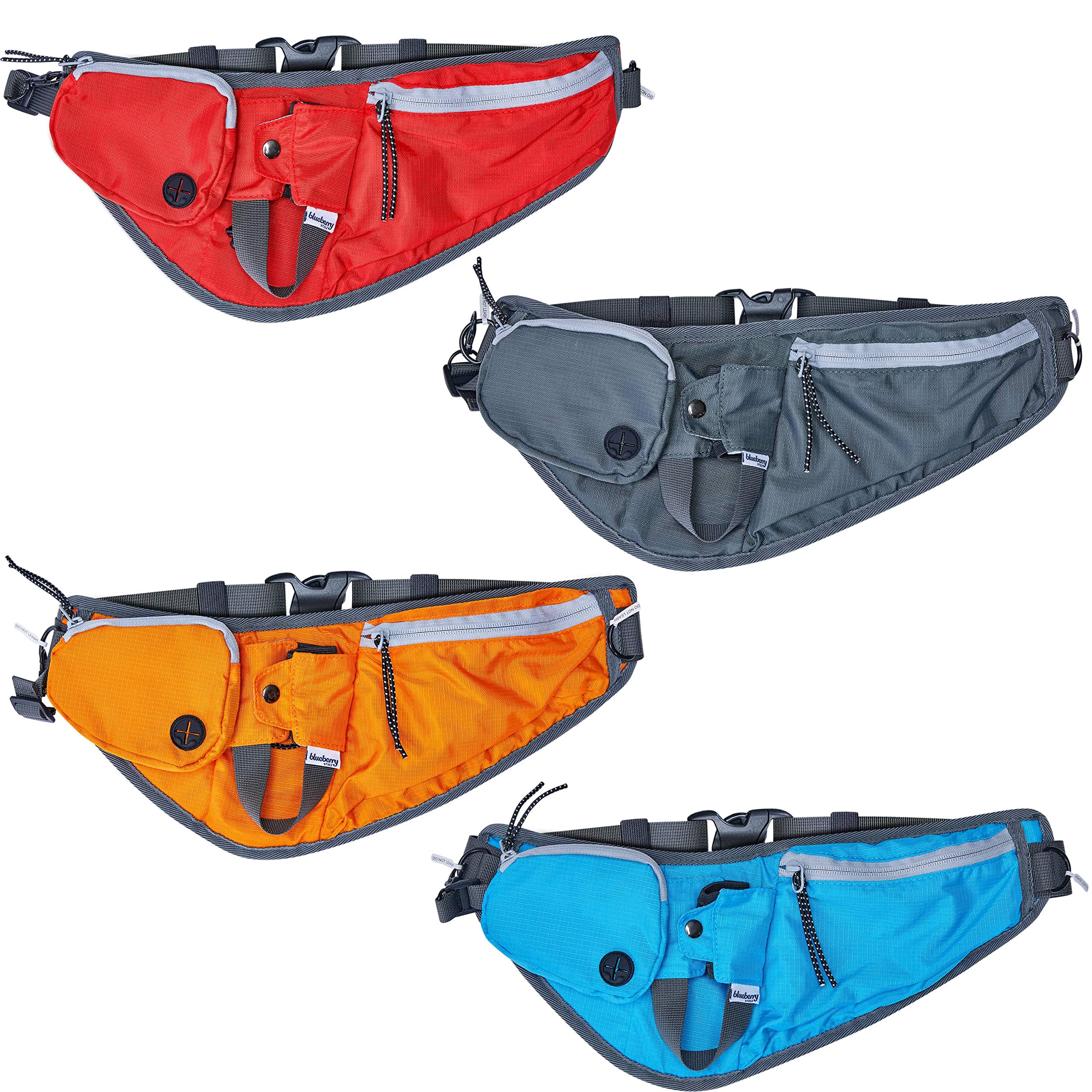 Four colorful waist bags in red, gray, orange, and blue on a white background.