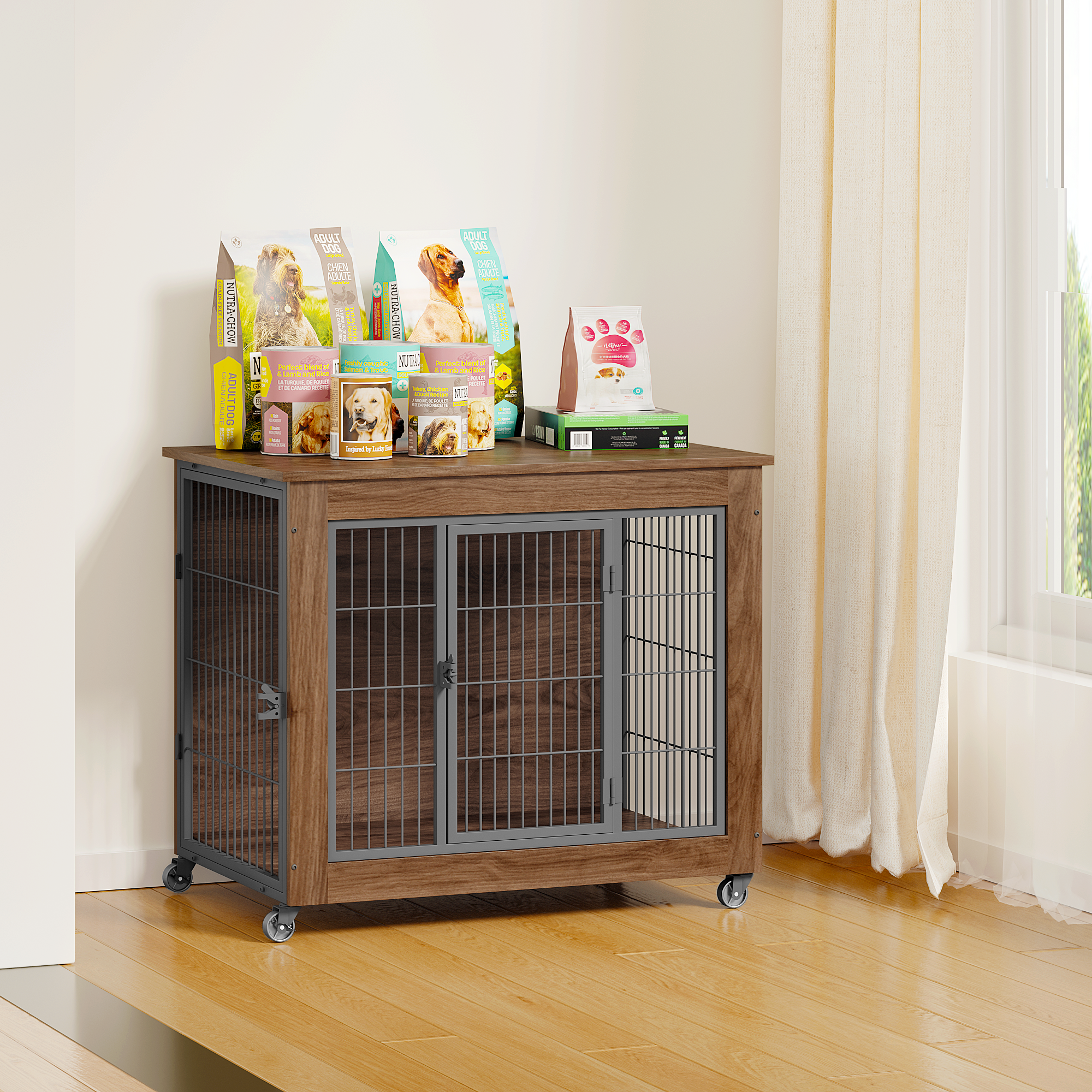 Wooden pet crate with metal doors on a wooden floor, surrounded by pet food packages.