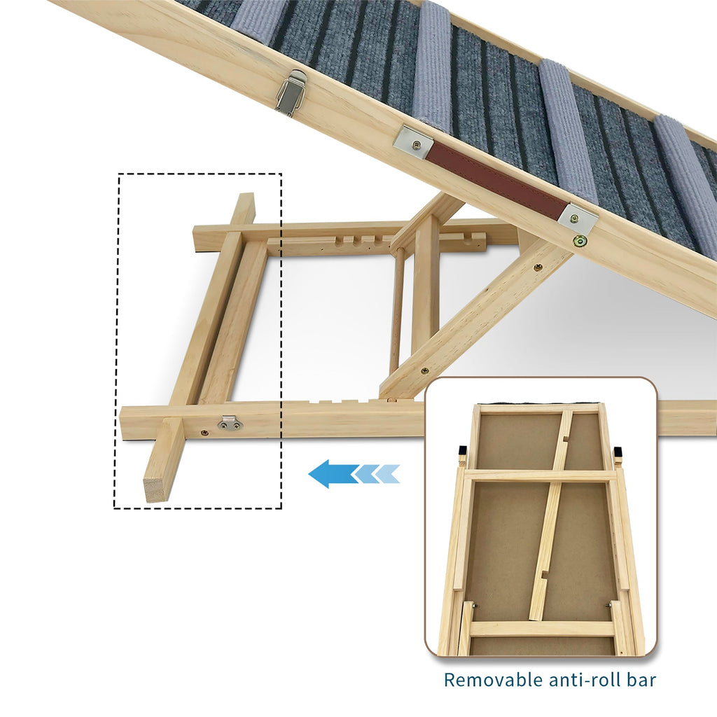 Wooden pet ramp with a removable anti-roll bar on a white background