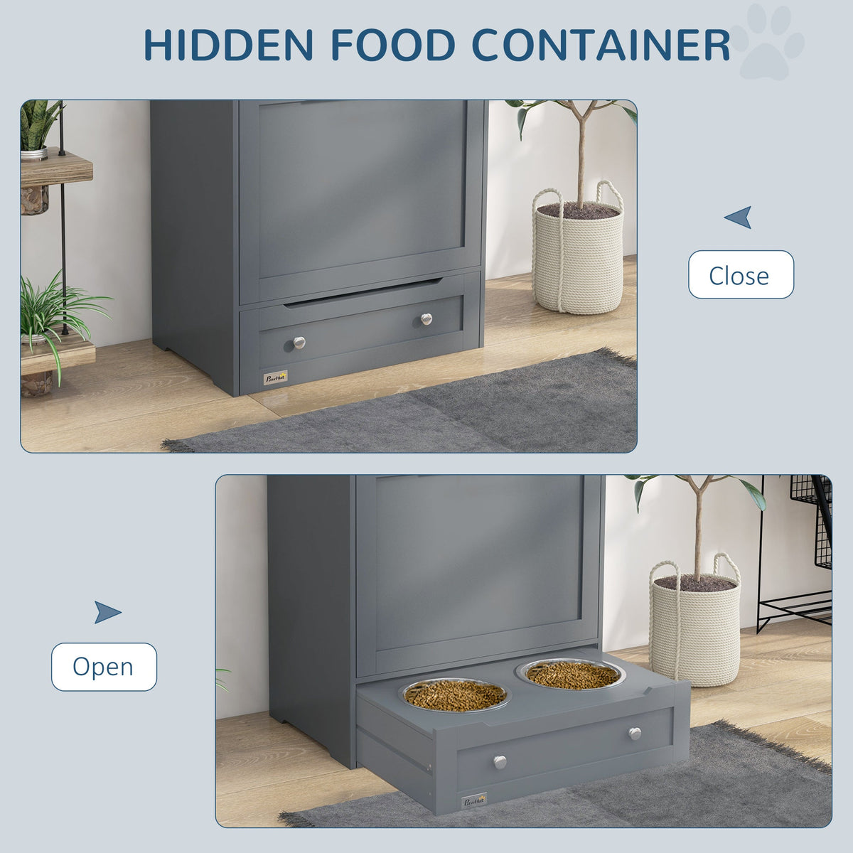 PawHut Pet Feeder Station Cabinet — Raised Bowls, Pull-Out Drawer, Storage Hooks, MDF (Grey, 32")