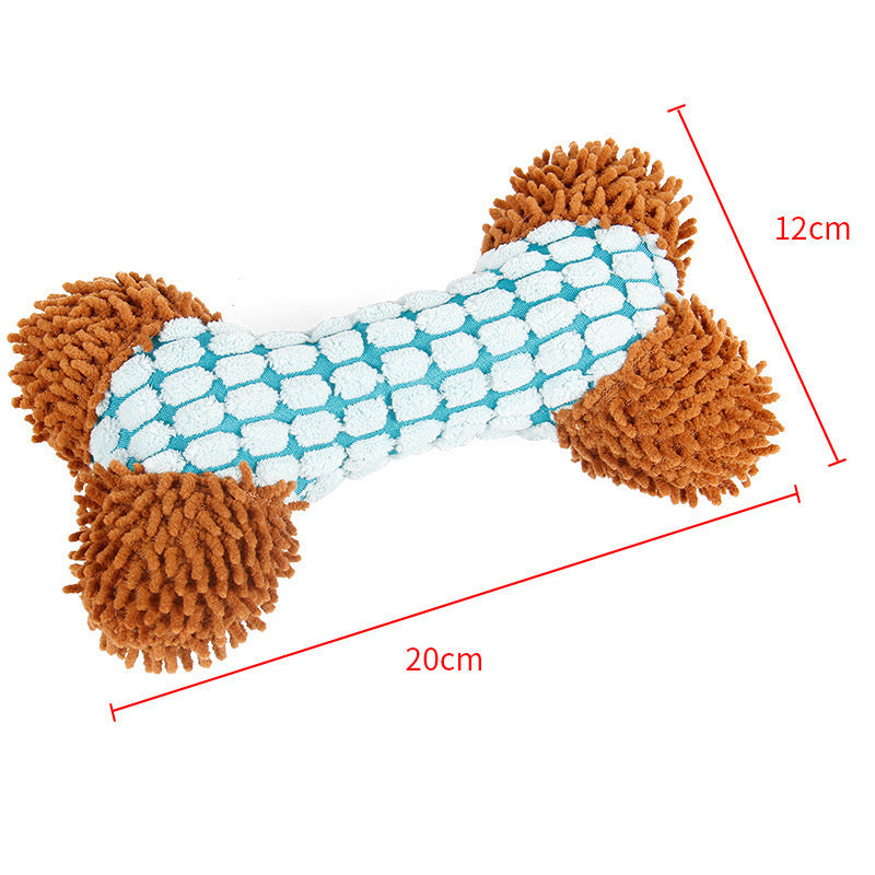 Dog toy with brown ends and a blue textured center, shown with measurements on a white background.