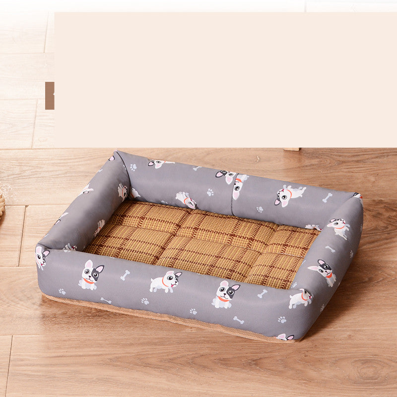 Pet bed with cartoon dog pattern on a wooden floor