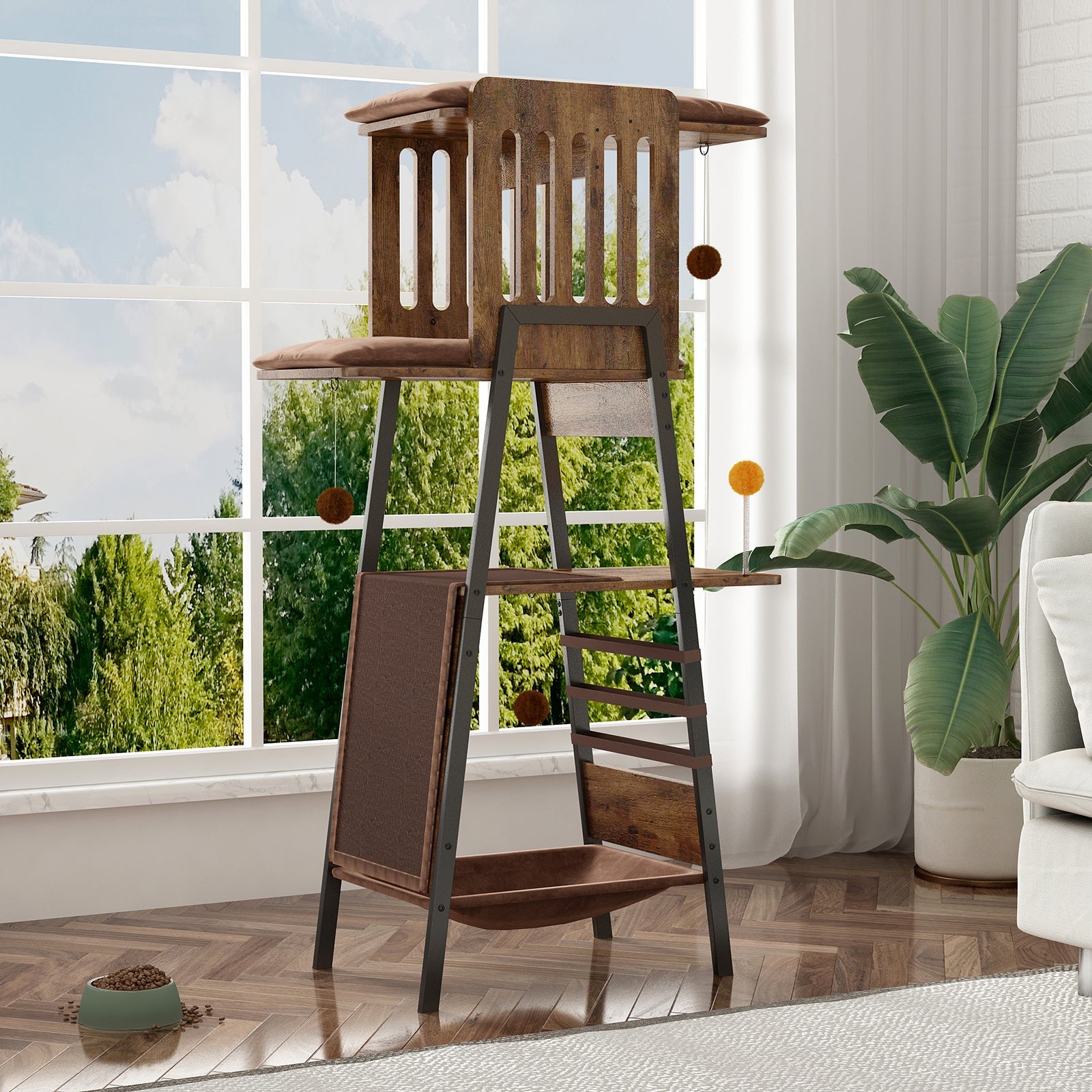Modern Wooden Cat Tree – 58" Large Cat Tower