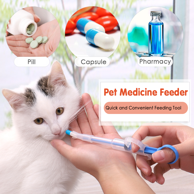 Pet medicine feeder being used on a cat with images of pills, capsules, and pharmacy items.