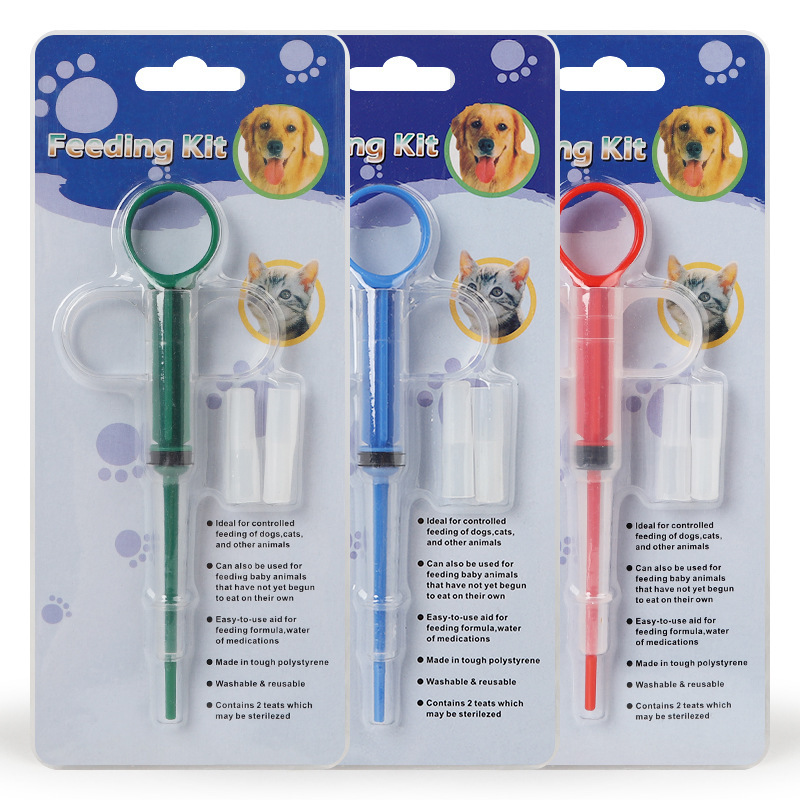 Three packages of a feeding kit with syringes for pets on a white background