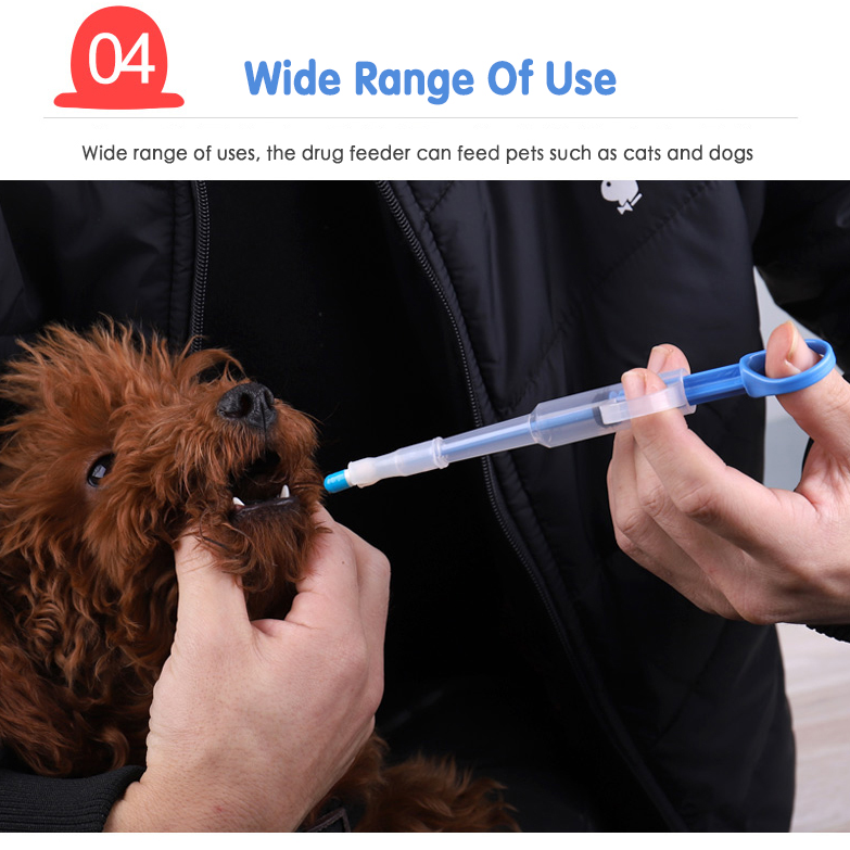 Person using a drug feeder on a small dog, with text about wide range of use.