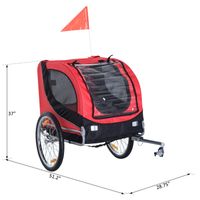 Red and black pet bike trailer with dimensions on a white background