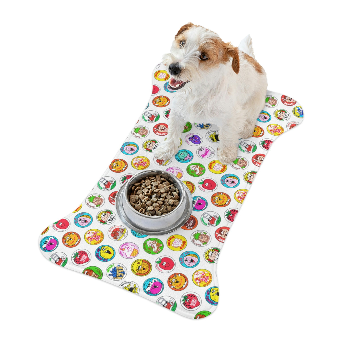 Dog sitting on a colorful mat with a bowl of food next to it
