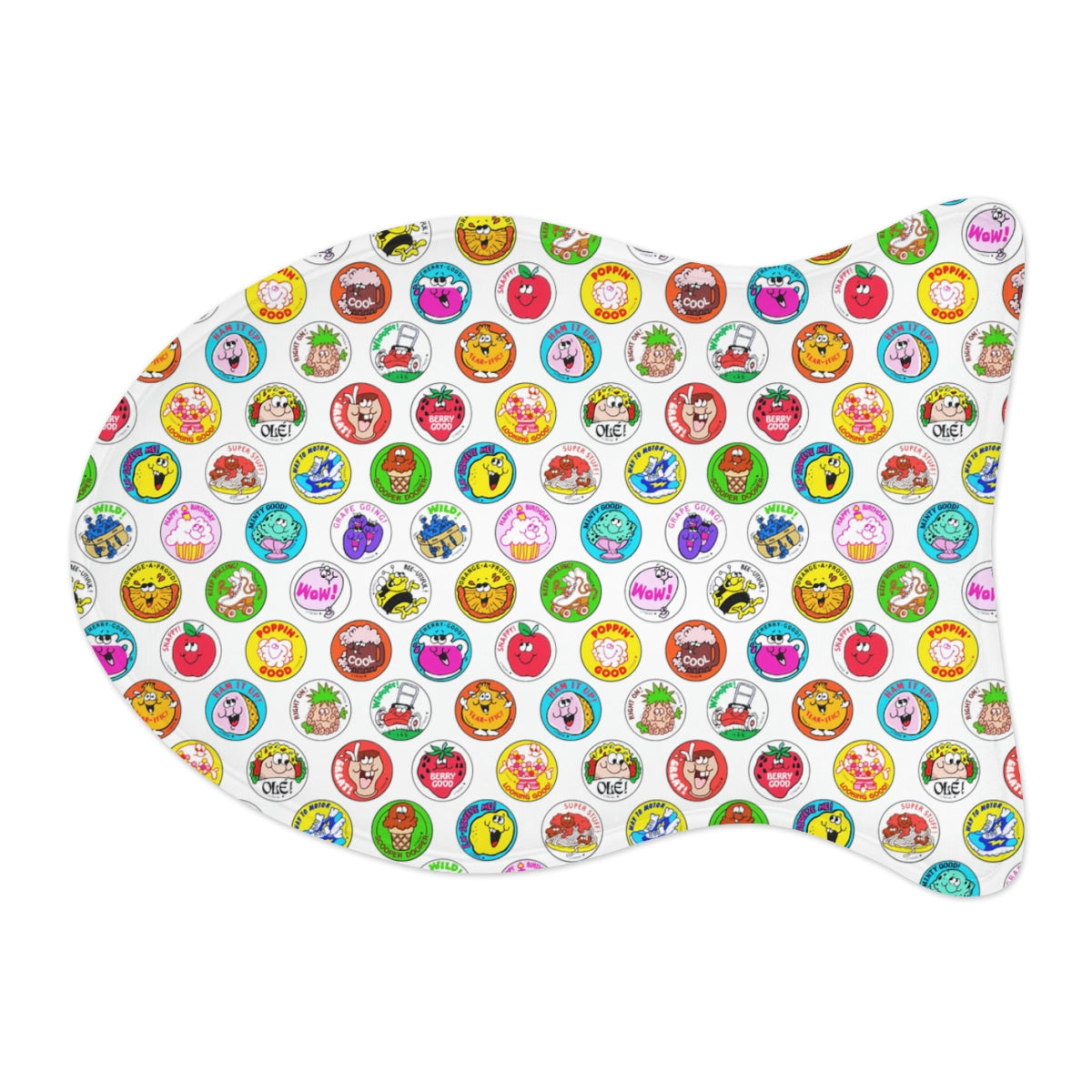 Round mat with colorful cartoon character pattern on a white background