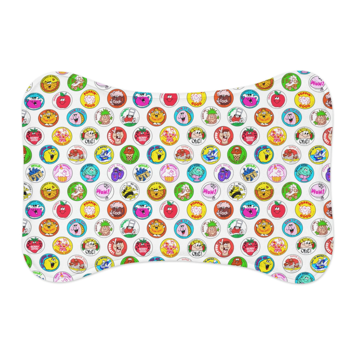Rectangular mat with colorful cartoon character patterns on a white background