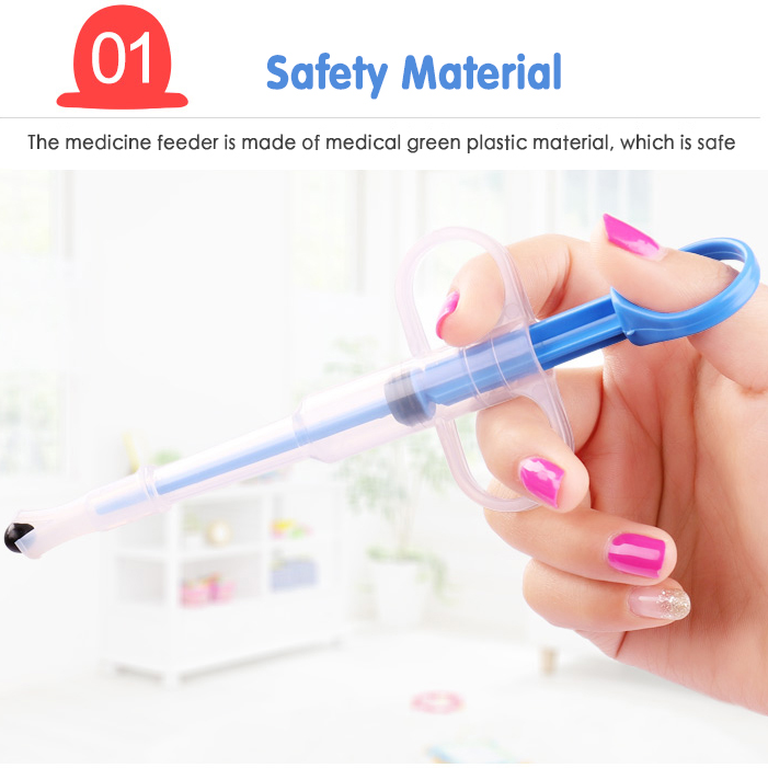 Hand holding a blue medicine feeder with text about safety material