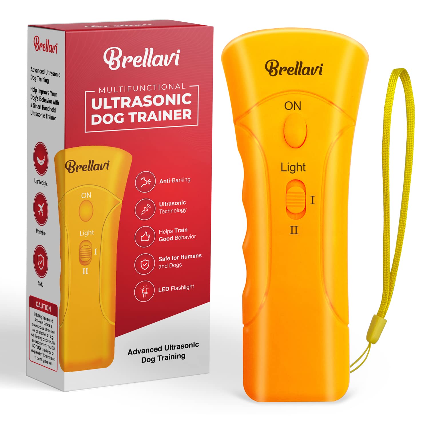 Yellow Brellavi ultrasonic dog trainer with packaging on a white background