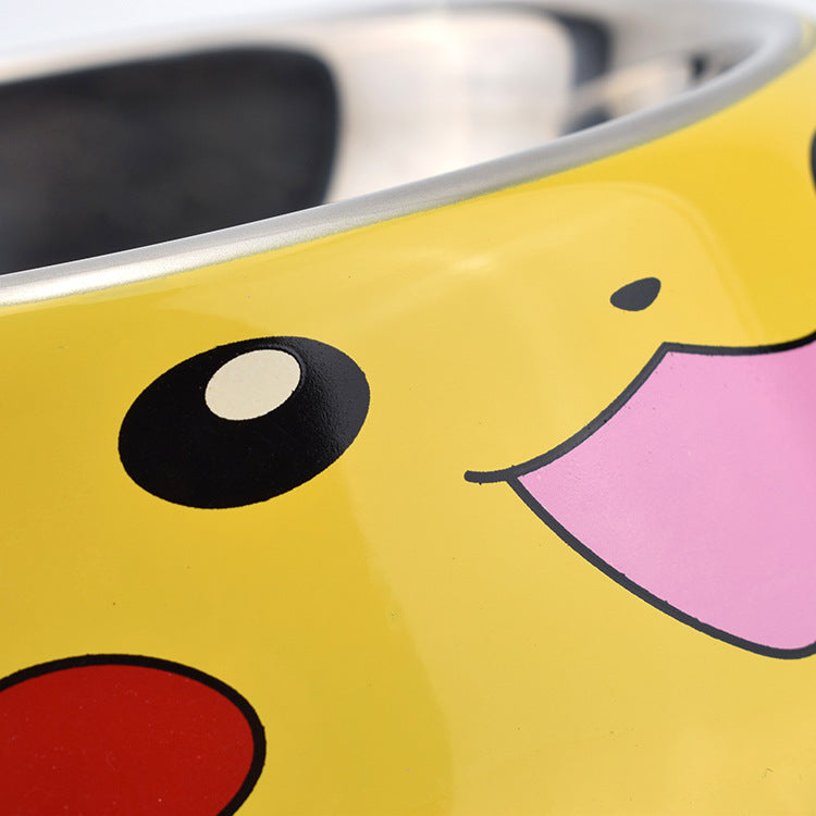 Close-up of a yellow bowl with a cartoon face design, resembling Pikachu from Pokémon.