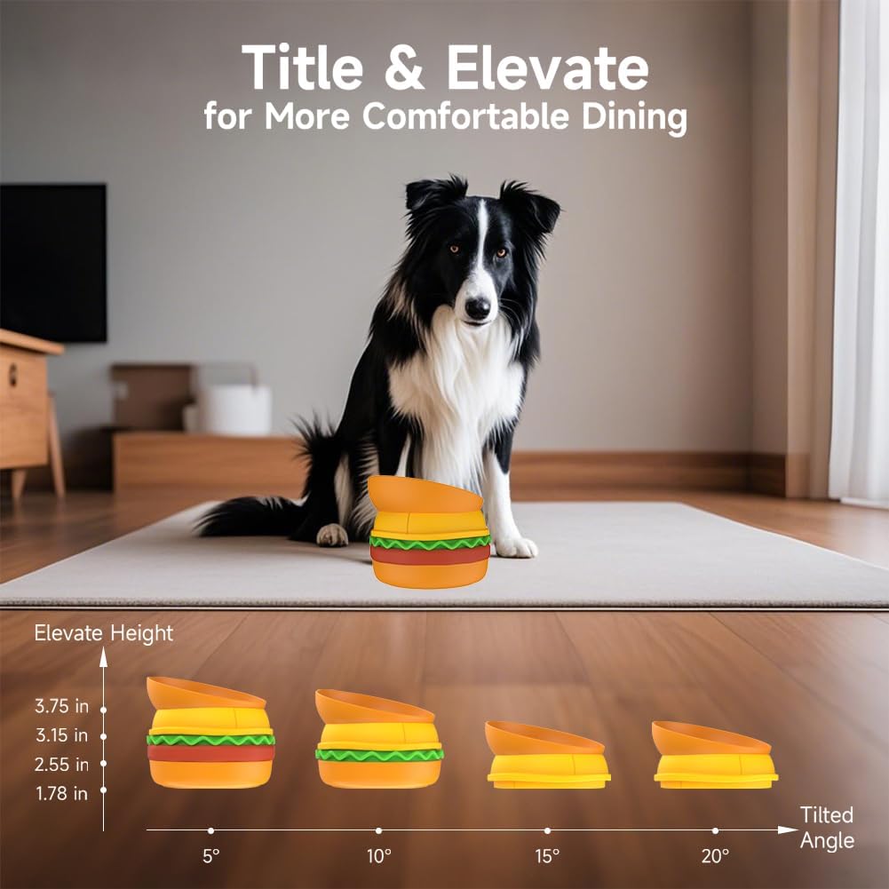 Dog sitting on a rug with hamburger-shaped elevated platforms and measurement chart in the foreground.