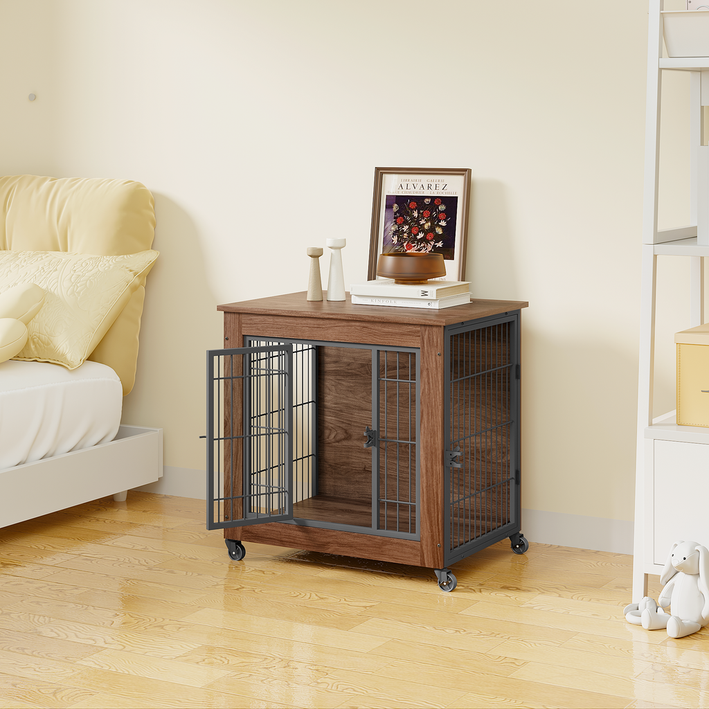 Wooden pet crate with wheels in a bedroom setting