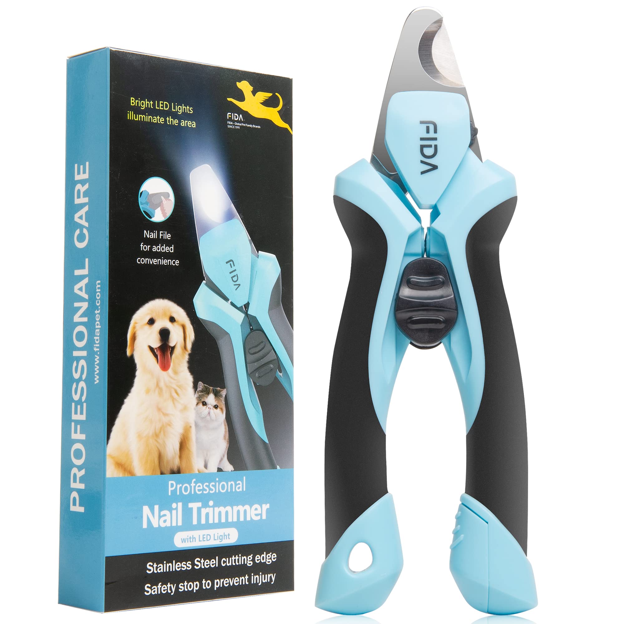 Pet nail trimmer with blue handle and black accents next to its packaging on a white background
