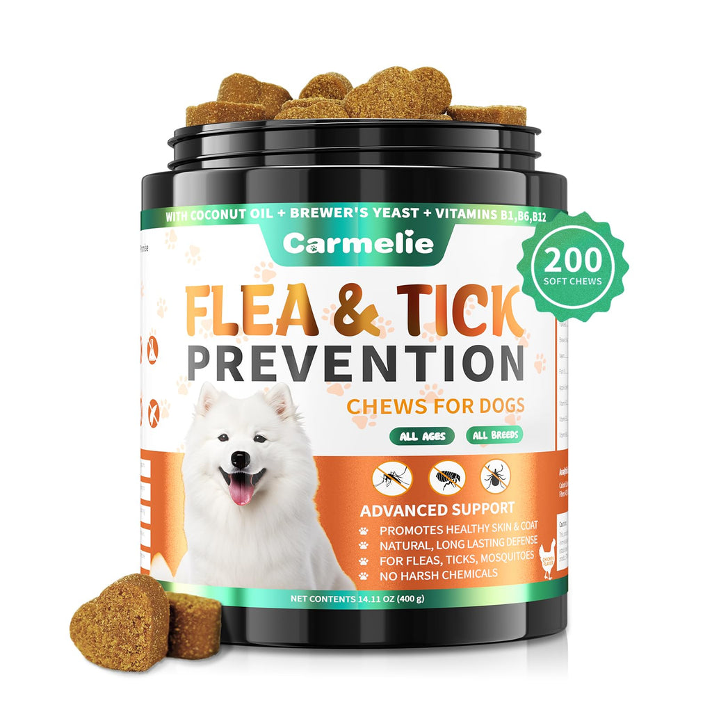 Carmelie flea and tick prevention chews for dogs with a white background