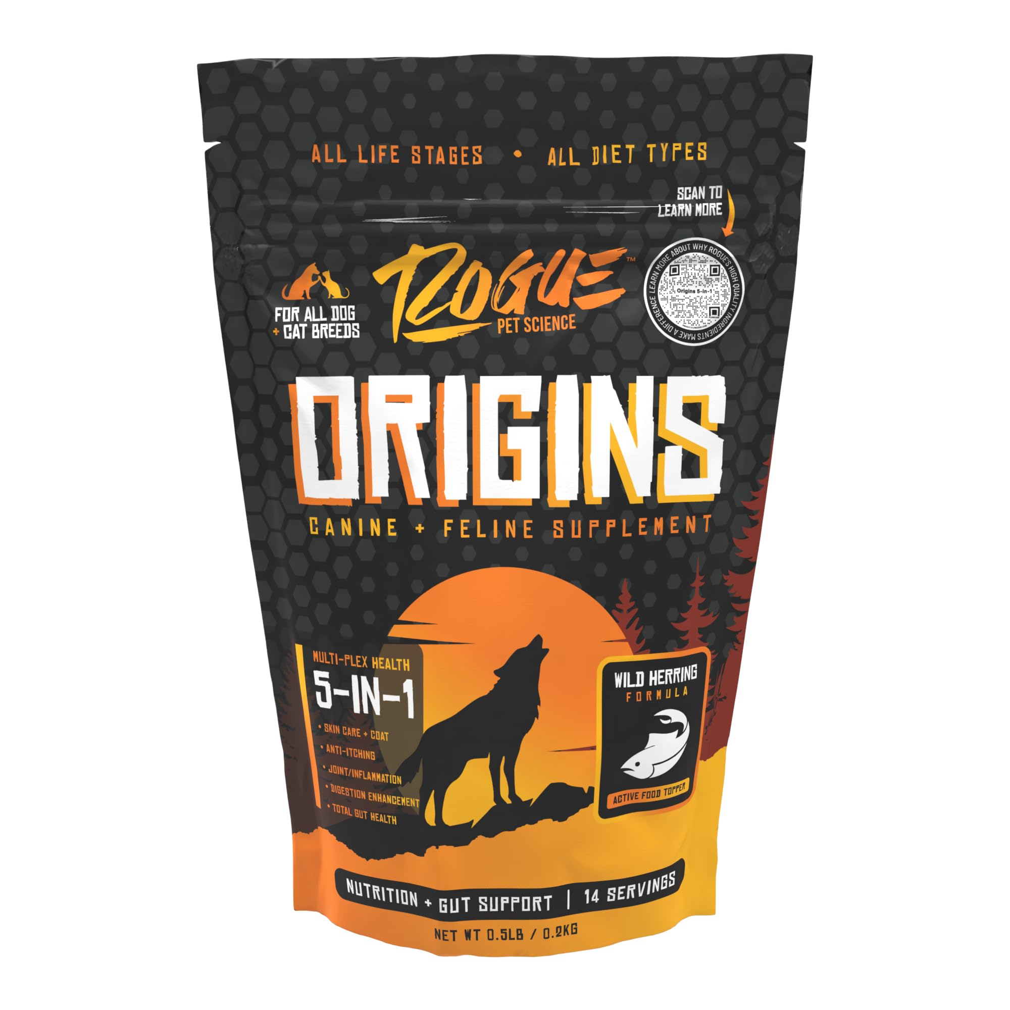 Package of Rogue Pet Science Origins supplement for dogs and cats on a white background