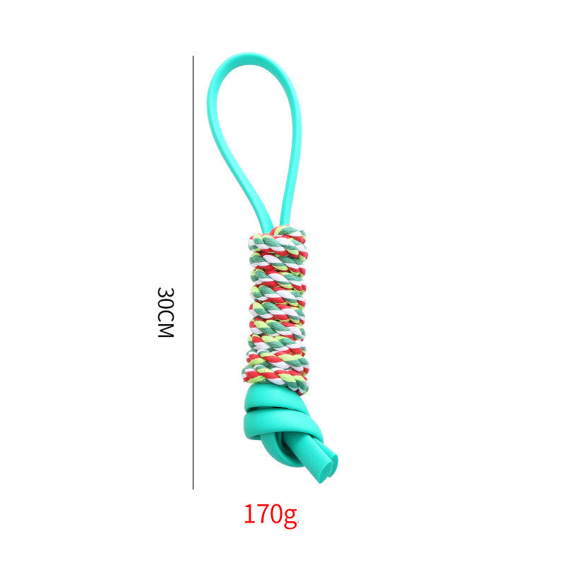 Colorful braided dog toy with a measurement label on a white background