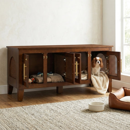 Wooden pet enclosure with a dog inside in a room with a rug and window.