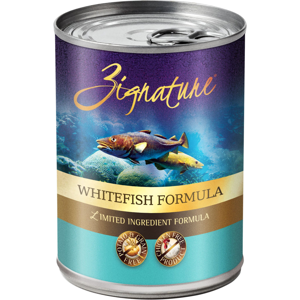 Can of Zignature Whitefish Formula pet food with a blue and purple label.
