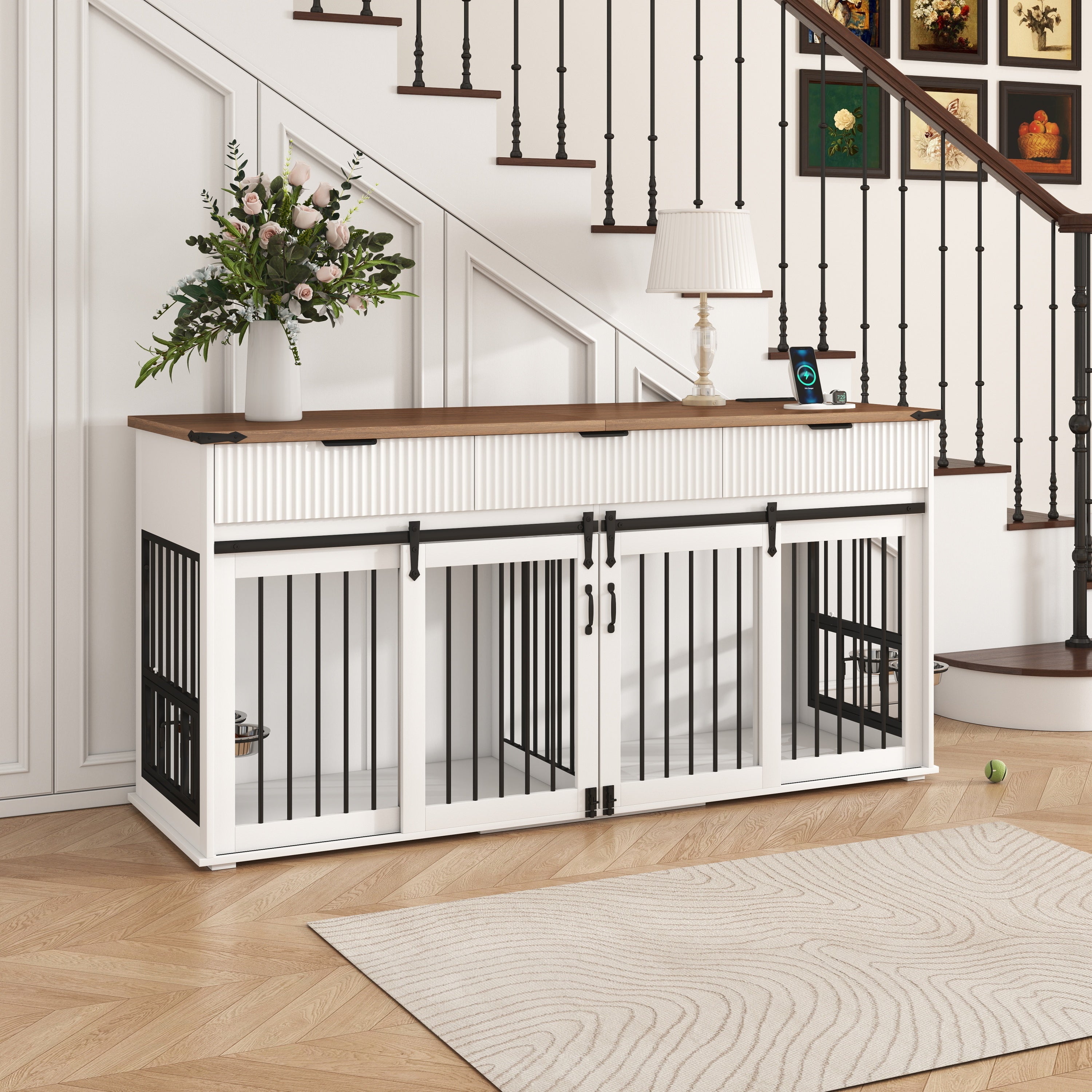 71" Double Dog Crate Furniture with Fluted Drawers, Feeders & Power Station