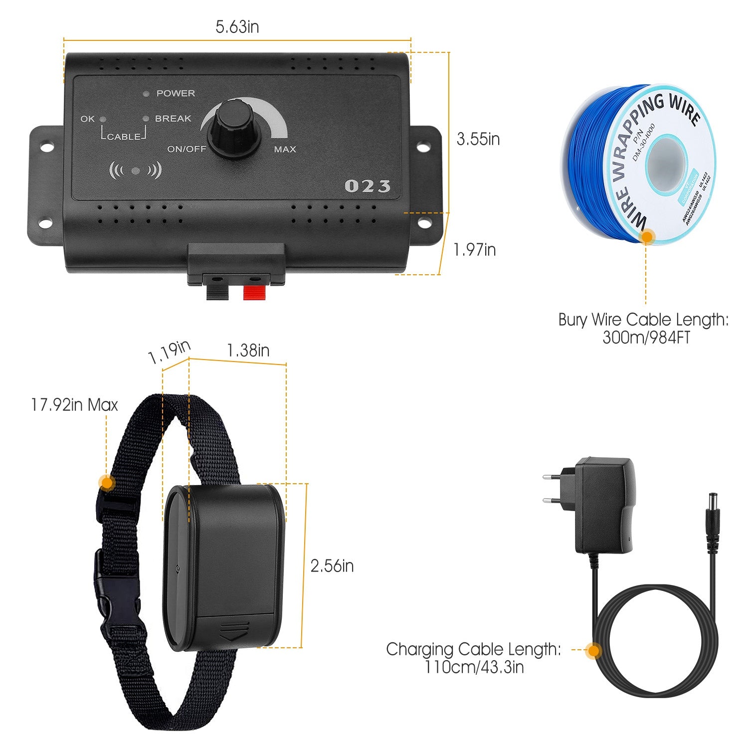 Dog training collar system with components and measurements on a white background