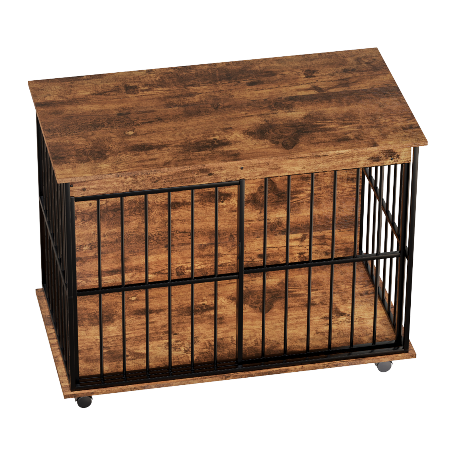 Wooden pet crate with metal bars on a white background