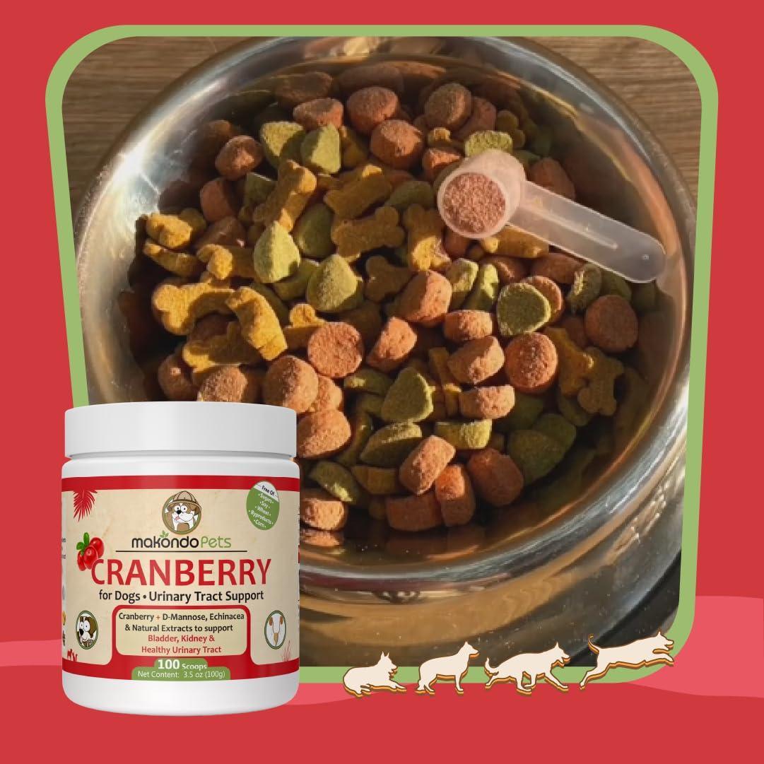 Bowl of dog food with a container of Makanin's Cranberry supplement on a red background
