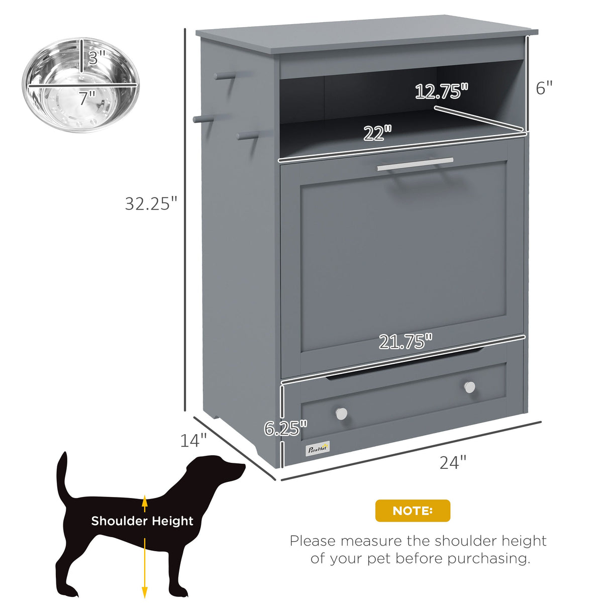 PawHut Pet Feeder Station Cabinet — Raised Bowls, Pull-Out Drawer, Storage Hooks, MDF (Grey, 32")