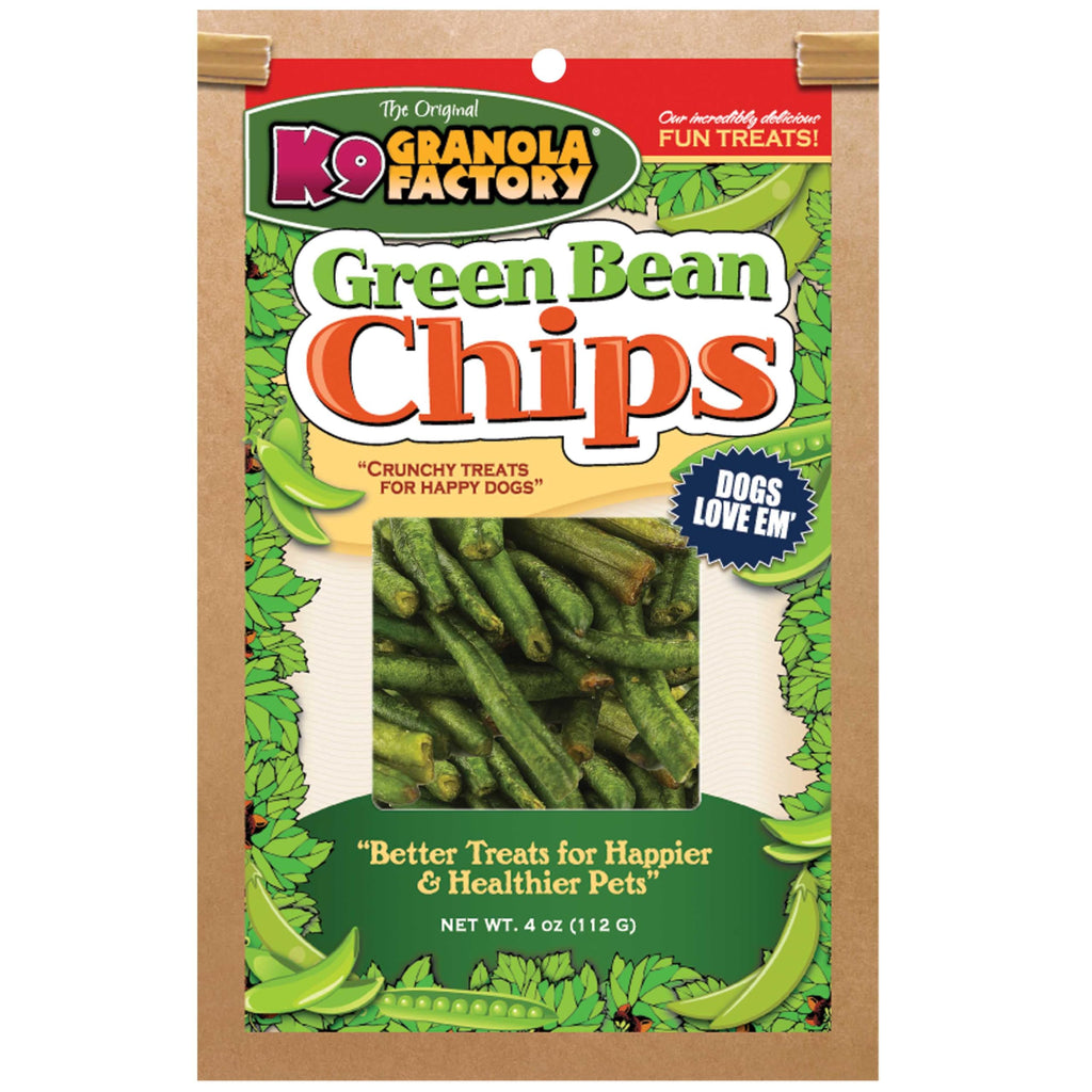 Package of K9 Granola Factory Green Bean Chips dog treats on a white background
