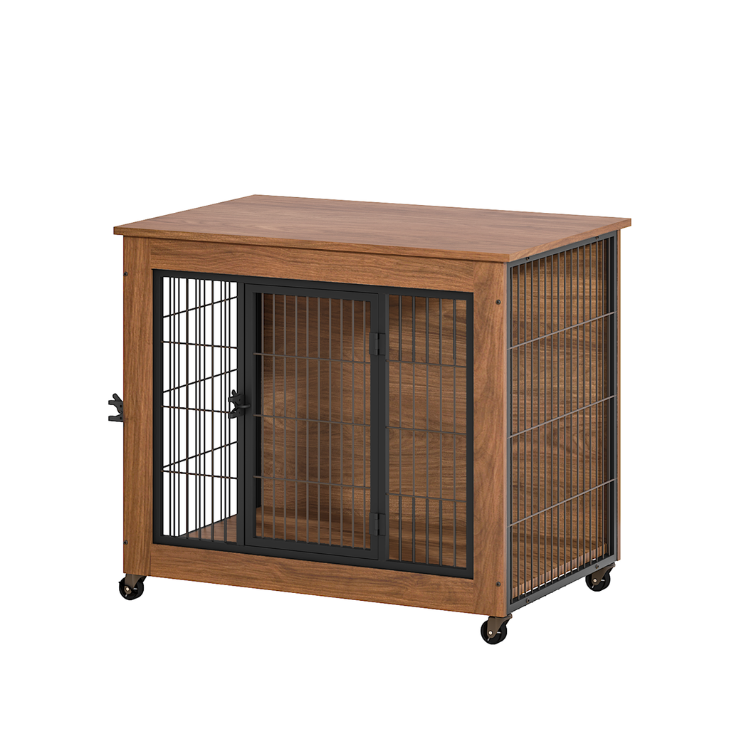 Wooden pet crate with metal bars on a white background